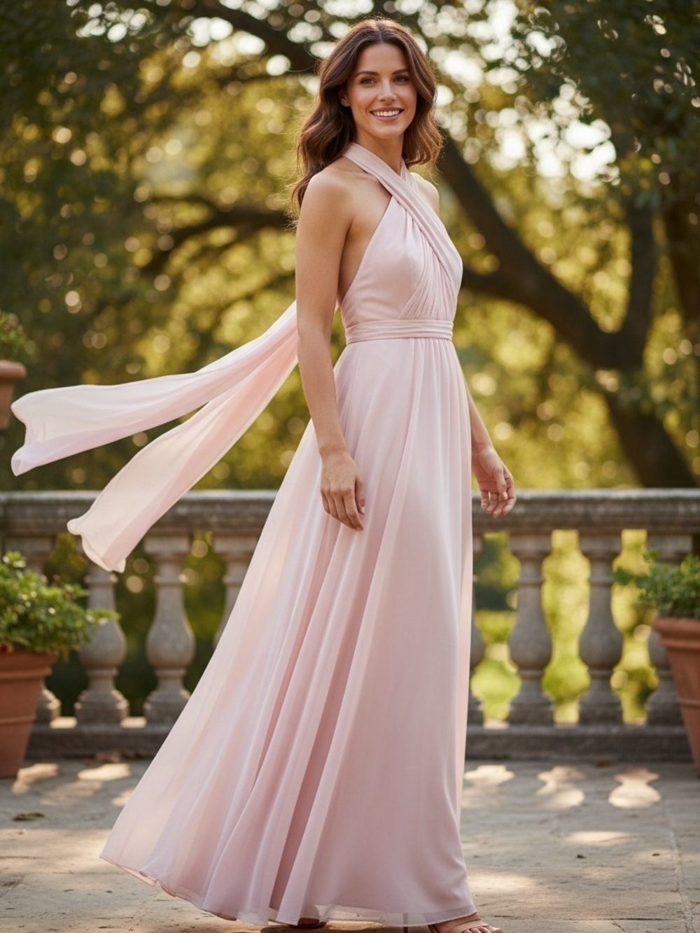 A-line cowl neck Elegant Blush Pink Halter Maxi Dress with Cross-Back Detail